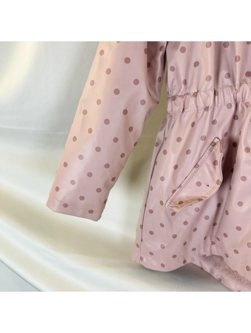 C & C California Girls Pink Rain Jacket Hooded Coat Polka Dot Faux Fur Lined 5